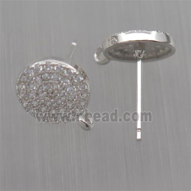 Sterling Silver studs Earrings paved zircon with loop, circle, platinum plated
