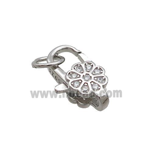 Sterling Silver Lobster Clasp Pave Zircon Flower Platinum Plated