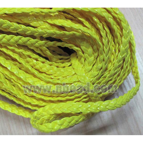 PU leather cord, braided, flat, yellow
