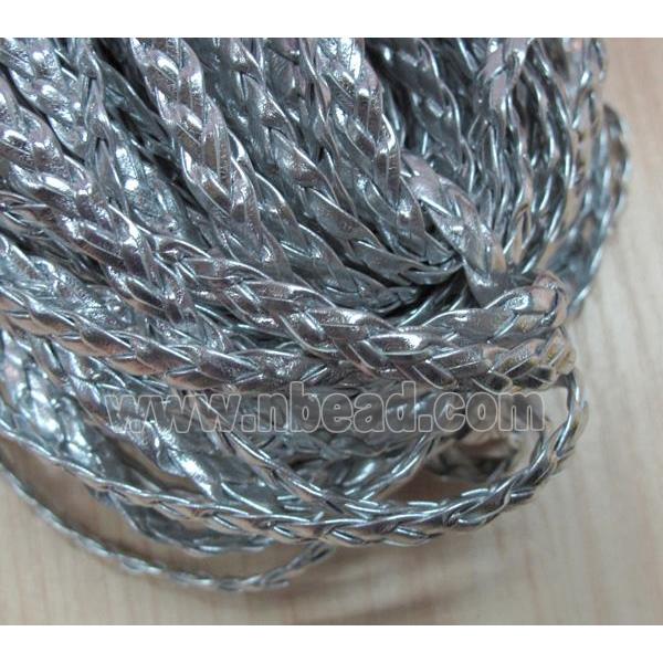 PU leather cord, flat, silver plated, braided
