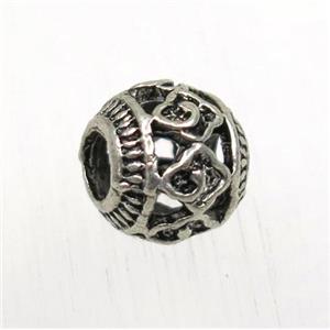 hollow tibetan silver round beads, non-nickel, approx 7.5x8.5mm, 3mm hole