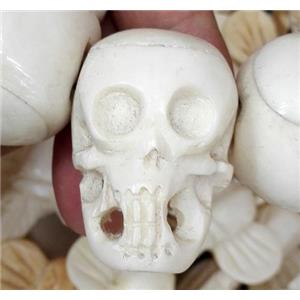 white antique cattle bone beads, skull, approx 23x33mm