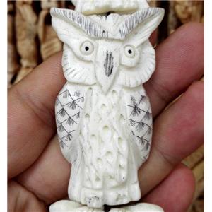 antique cattle bone beads, owl charm, white, approx 30x58mm