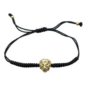 black Nylon Cord Bracelet with lion, adjustable, approx 3mm dia