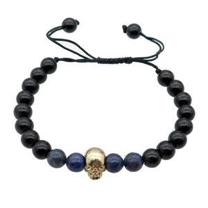 black Onyx Agate Bracelet with skull charm, adjustable, approx 8mm dia