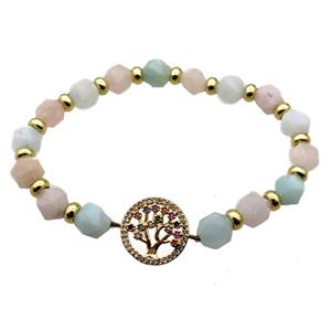 Morganite Bracelet with tree of life, stretchy, approx 8mm dia