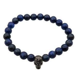 blue Lapis Lazuli Bracelet with skull, stretchy, approx 8mm dia