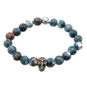 blue Rainforest Stone Bracelets with skull, stretchy, approx 8mm dia