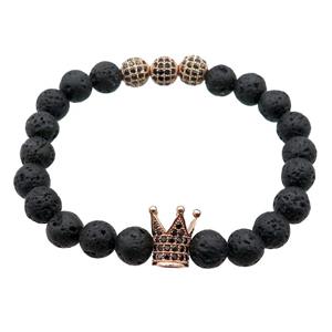 black Lava Stone Bracelets with crown, stretchy, approx 8mm dia