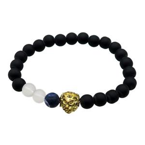 black matte Onyx Agate Bracelet with lion, stretchy, approx 8mm dia