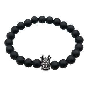 black matte Onyx Agate Bracelet with crown, stretchy, approx 8mm dia