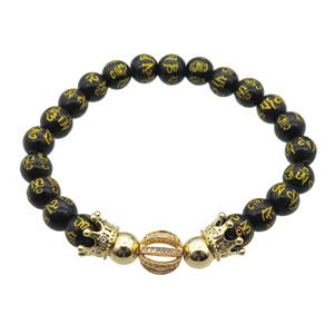 black Onyx Agate Bracelet with sutra, crown, stretchy, approx 8mm dia