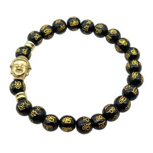 black Onyx Agate Bracelet with sutra, buddha, stretchy, approx 10mm dia