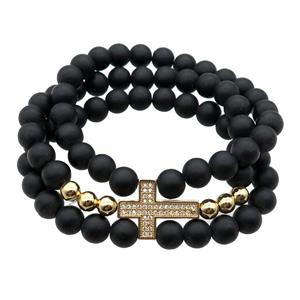 black matte Onyx Agate Bracelet with cross, stretchy, approx 8mm, 3Rows