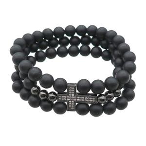 black matte Onyx Agate Bracelet with cross, stretchy, approx 8mm, 3Rows