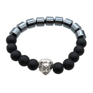 black Hematite and onyx Bracelets with lion, stretchy, approx 10mm