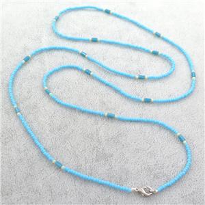 blue Glass Seed Beaded Necklace, approx 2mm, 82cm length