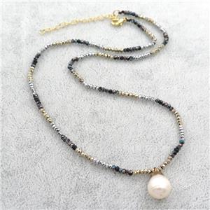 Hematite Necklace with pearl, multicolor, approx 2mm, 10mm, 40cm length