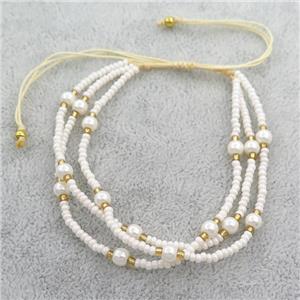 white Pearlized Glass seed beaded bracelet, adjustable, approx 2mm, 4mm, 14-24cm length