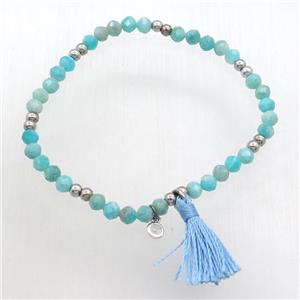 green Amazonite Bracelet with tassel, stretchy, approx 4mm, 50mm dia