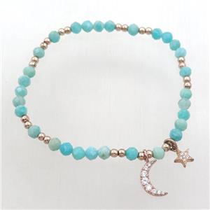 Amazonite Bracelet with star moon, stretchy, approx 4mm, 50mm dia