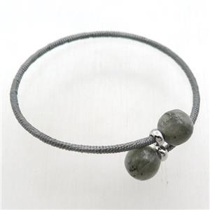 copper Bangle with labradorite, gray fabric wrapped, approx 2.5mm, 10mm, 55mm dia