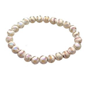 stretchy white Tibetan Agate Bracelet AB-color faceted round, approx 8mm dia