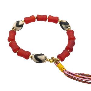 Tibetan Agate Bracelets With Tassel Red Dye Stretchy, approx 8-12mm, 9-14mm