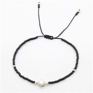 Handmade Miyuki Glass Bracelet With Pearl Adjustable Black, approx 2mm, 16-24cm length