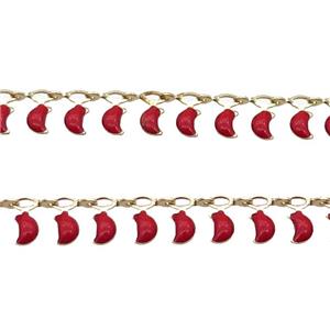 Copper Chain Red Enamel Moon Gold Plated, approx 7.5mm