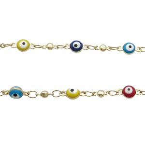 Copper Chain Multicolor Enamel Evil Eye Gold Plated, approx 4mm