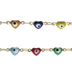 Copper Chain Multicolor Enamel Evil Eye Heart Gold Plated , approx 4mm