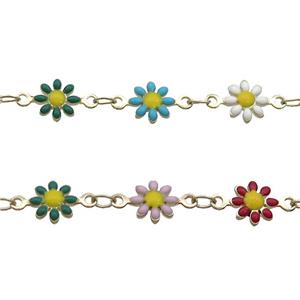 Copper Chain Multicolor Enamel Daisy Flower Gold Plated, approx 7.5mm