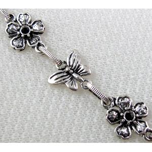 Antique Silver Alloy Chain, Flower, Butterfly, 13mm dia, 13x15m, 5x9mm