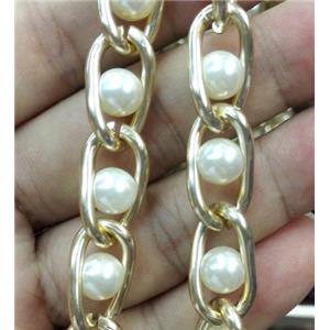 Aluminium Chain with glass pearl bead, gold plated, approx 10-16mm, 8mm glass pearl