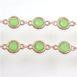 copper chain with green Chinese crystal glass, rose gold, approx 8mm dia