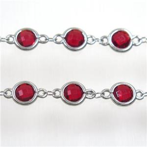 copper chain with ruby Chinese crystal glass, platinum plated, approx 8mm dia
