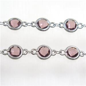 copper chain with lt.purple Chinese crystal glass, platinum plated, approx 8mm dia