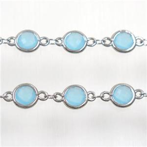 copper chain with aqua Chinese crystal glass, platinum plated, approx 8mm dia