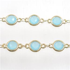 copper chain with aqua Chinese crystal glass, gold plated, approx 8mm dia