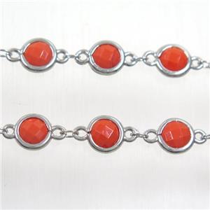 copper chain with red Chinese crystal glass, platinum plated, approx 8mm dia