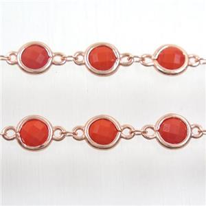 copper chain with red Chinese crystal glass, rose gold, approx 8mm dia