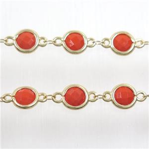 copper chain with red Chinese crystal glass, gold plated, approx 8mm dia