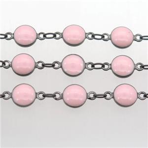 pink Porcelain Glass Chain, black plated, approx 6.5mm dia