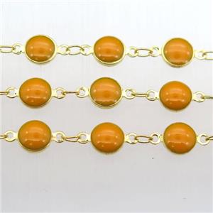 orange Porcelain Glass Chain, gold plated, approx 6.5mm dia