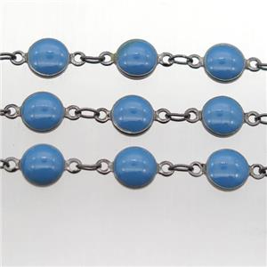 blue Porcelain Glass Chain, black plated, approx 6.5mm dia