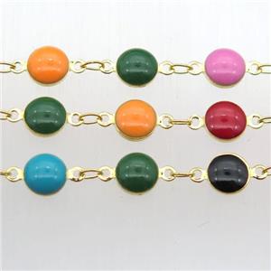 Porcelain Glass Chain, circle, gold plated, mix color, approx 6.5mm dia