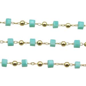 copper chain with green crystal glass cube beads, gold plated, approx 2.5mm