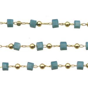 copper chain with green crystal glass cube beads, gold plated, approx 2.5mm