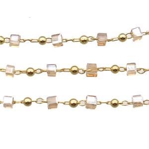 copper chain with crystal glass cube beads, gold plated, approx 2.5mm